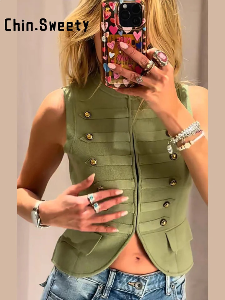 Casual Women's Knitted Napoleon Vest Slim Oneck Sleeveless Hidden Buckle Female Retro 2026 Spring Summer Lady Street Wear 260911