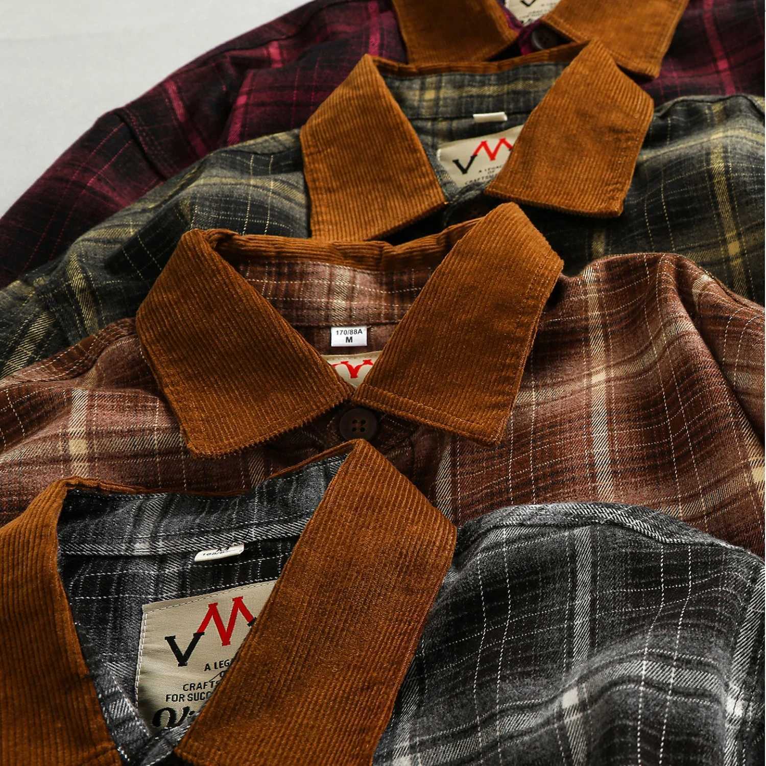 Men's Casual Shirts Corduroy splicing thick brushed plaid long-sleeved shirt men's American retro street trend pocket shirt jacket X260919