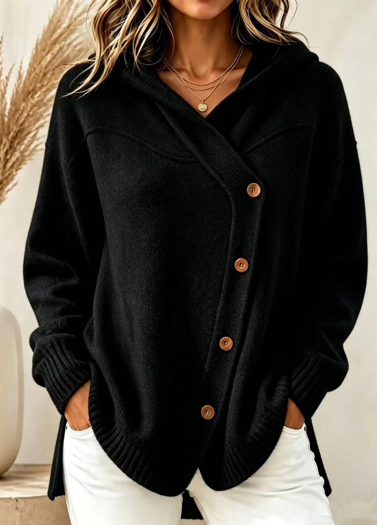 A345 European and American style autumn/winter new women's sweater casual loose button long sleeve hooded cardigan