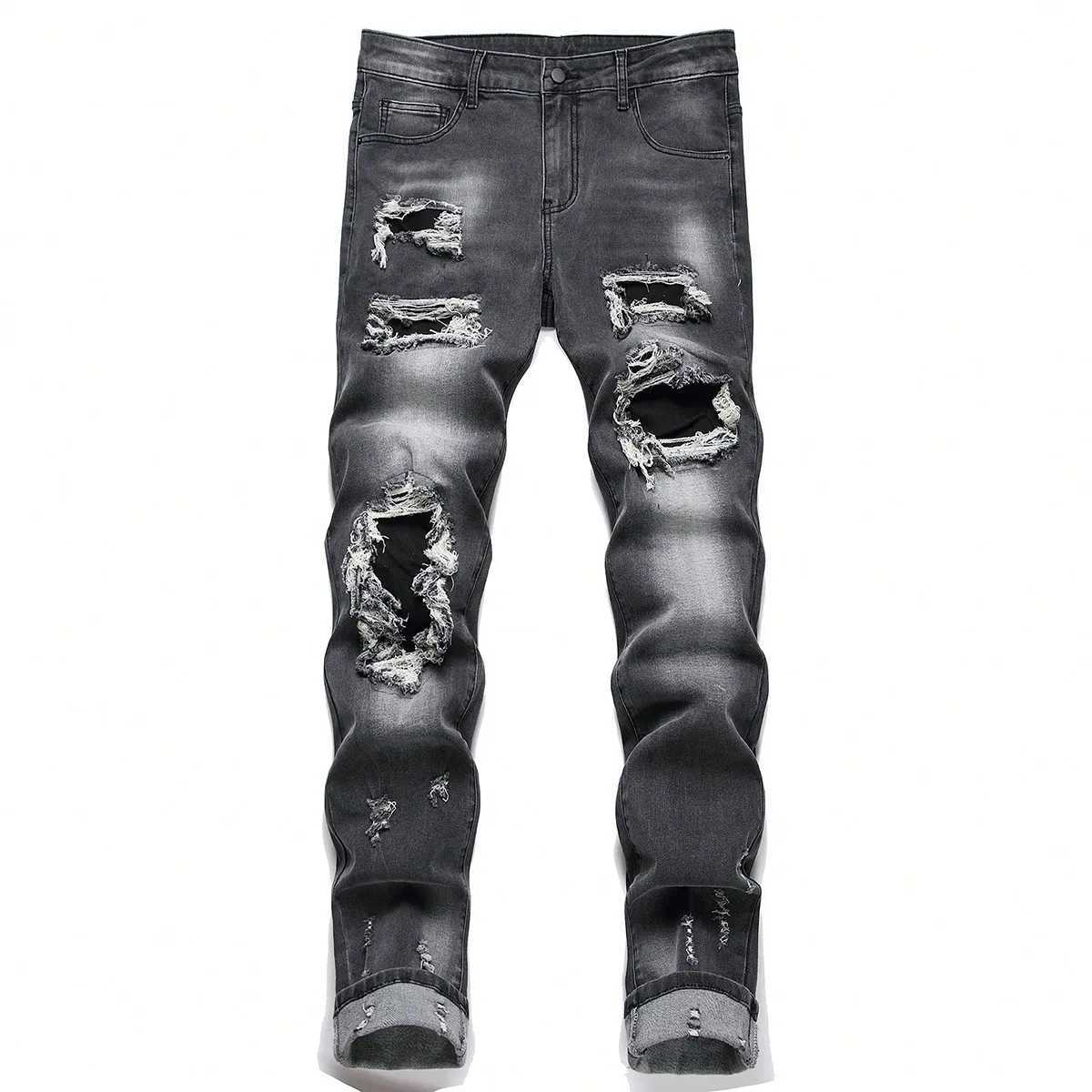 Men's Jeans Men High Stretch Ripped Denim Jeans Washed Skinny Distressed Denim Pants Slim Fit Frayed Hole Male Hip Hop Streetwear Trousers X260