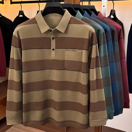 Simple Men Striped LongSleeve Collared Polo Tee Chest Pocket Button Placket Office Spring Fall Casual Shirts 260920