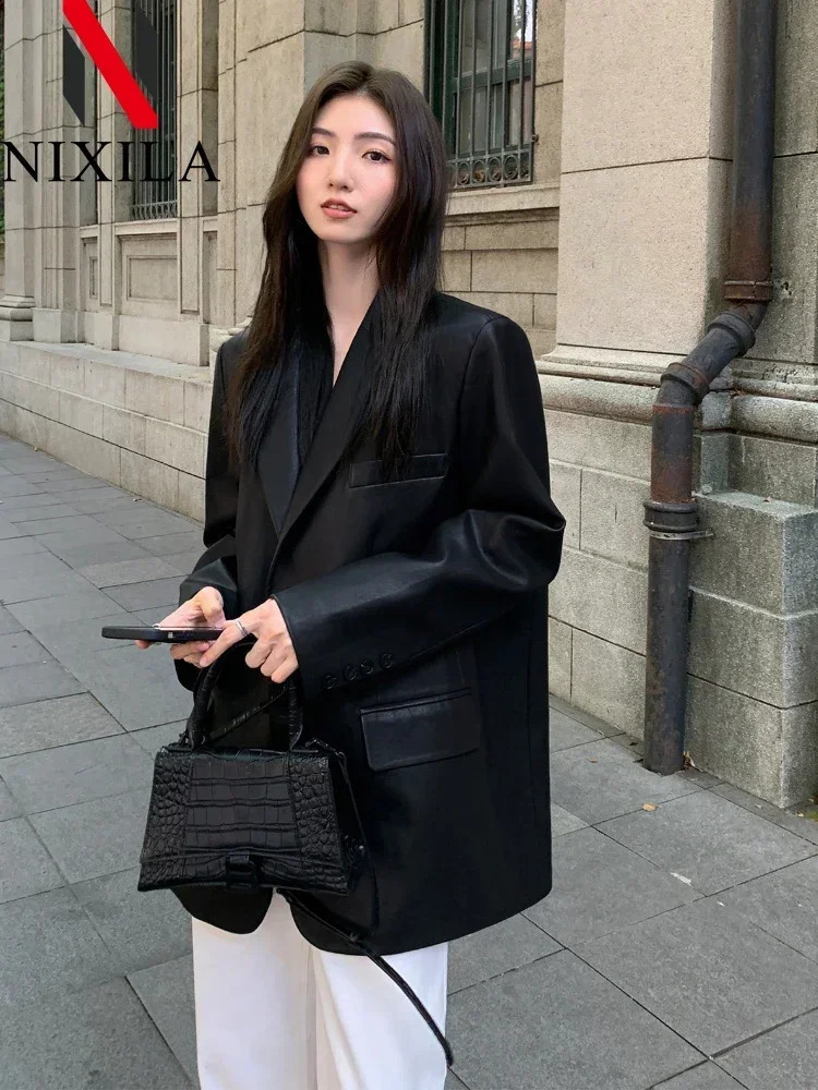 Spring Autumn Elegant PU Leather Office Jacket Long Sleeve Blazer Slim Fit with Lapel Flap Pockets for Women Fashion Clothing 260918
