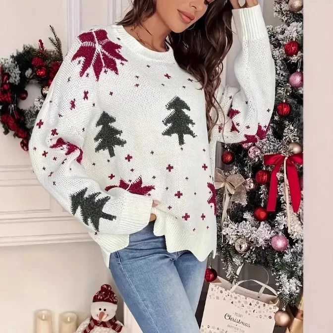 Clothing 2025 Autumn and Winter New Snowflake Christmas Tree Print Holiday Loose Casual Knitted Sweater for Women S260919OMA4