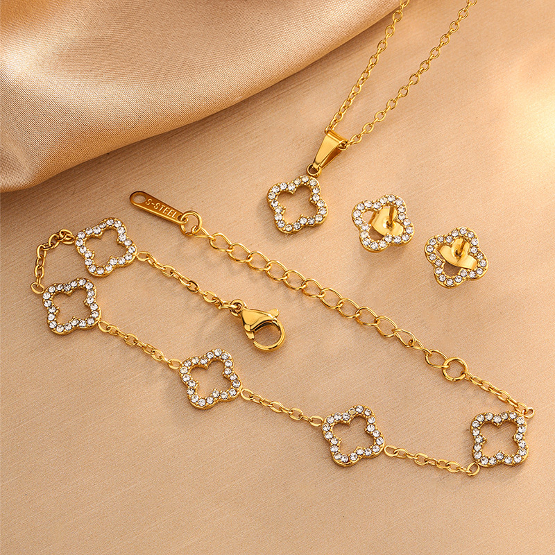 Lucky Four-Leaf Clover Zircon Necklace Set, Simple Versatile Stainless Steel Bracelet And Earrings