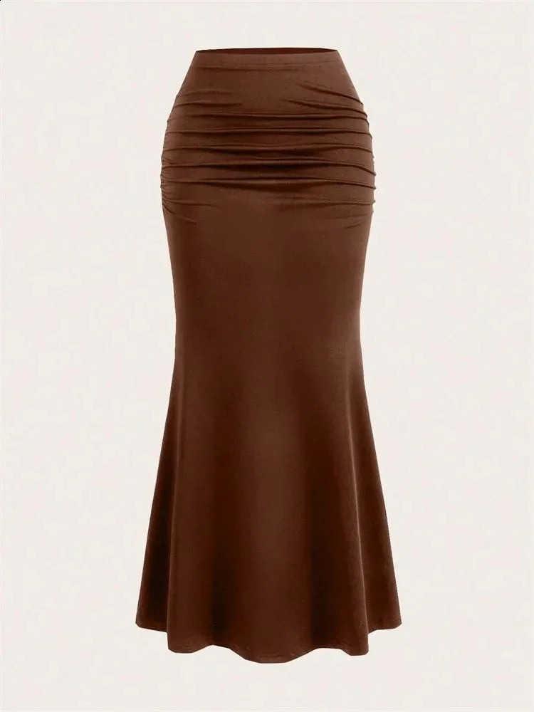 Solid Bodycon Ruched Long Skirt Women Sexy Black Elastic Elegant High Waist Mermaid Maxi Skirts Summer Streetwear 260920