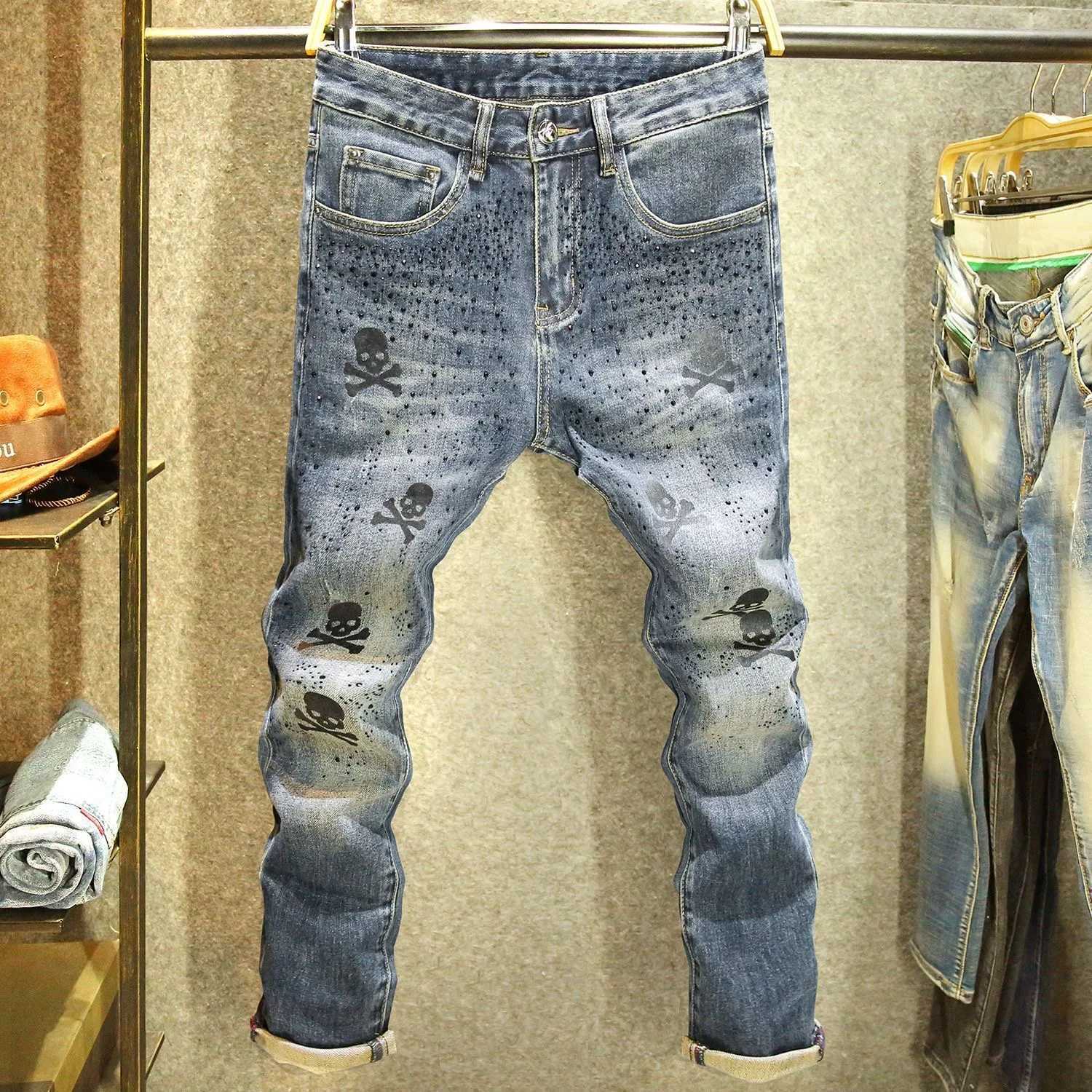 Men's Jeans Spring and Autumn New Fashion Trend Retro Printed Straight Leg Elastic Jeans For Men's Casual Slim Fit Sports High-Quality Jea