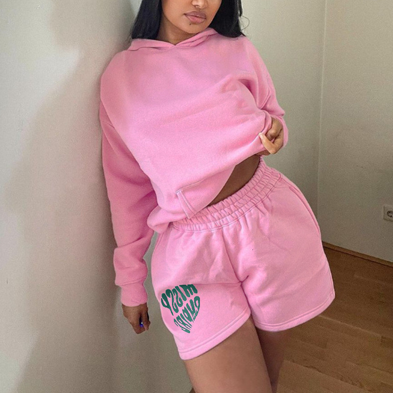 Cross-Border Spring Autumn Printed Logo Long-Sleeve Hooded Shorts Two-Piece Set For Women, European And American Style Sweatshirt Set, Hot Sale Manl