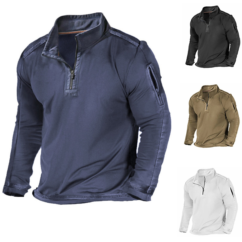 Men Quarter Zip Long Sleeve Shirt Stand Collar Outdoor Tactical Pullover With Zipper Pocket Casual Sweatshirt