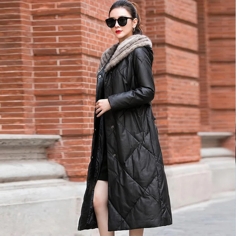 Womens Leather Down Jacket Hooded Lace Up Warm Long Coat Mink Fur Collar Sheepskin Genuine Winter 260920