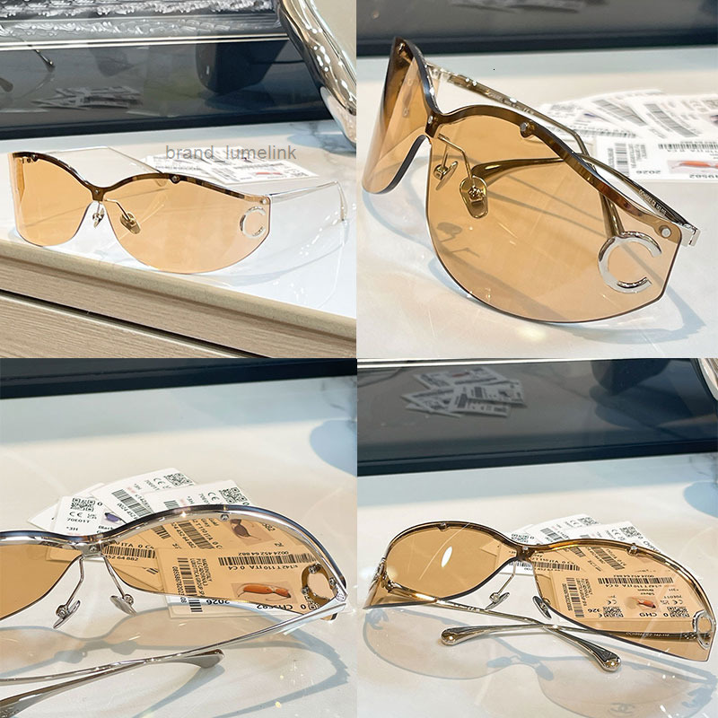 Luxury Light Yellow Shield Mask Sunglasses CH9582 Women Mans Designer Metal Silver Frame Sunglasses Fashion Womens Half Frame Glasses with box