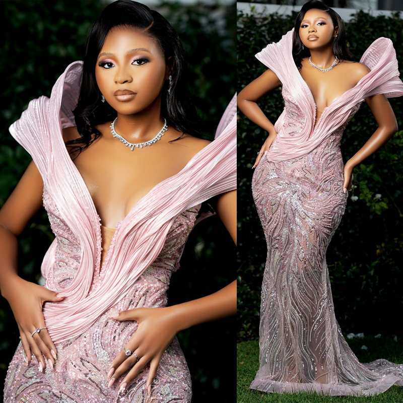 Aso Ebi Light Pink Prom Dress 2026 Robe De Sorrie Mermaid Evening Dresses V Neck Beaded Lace Crystals Birthday Dress Second Reception Gowns AM3875