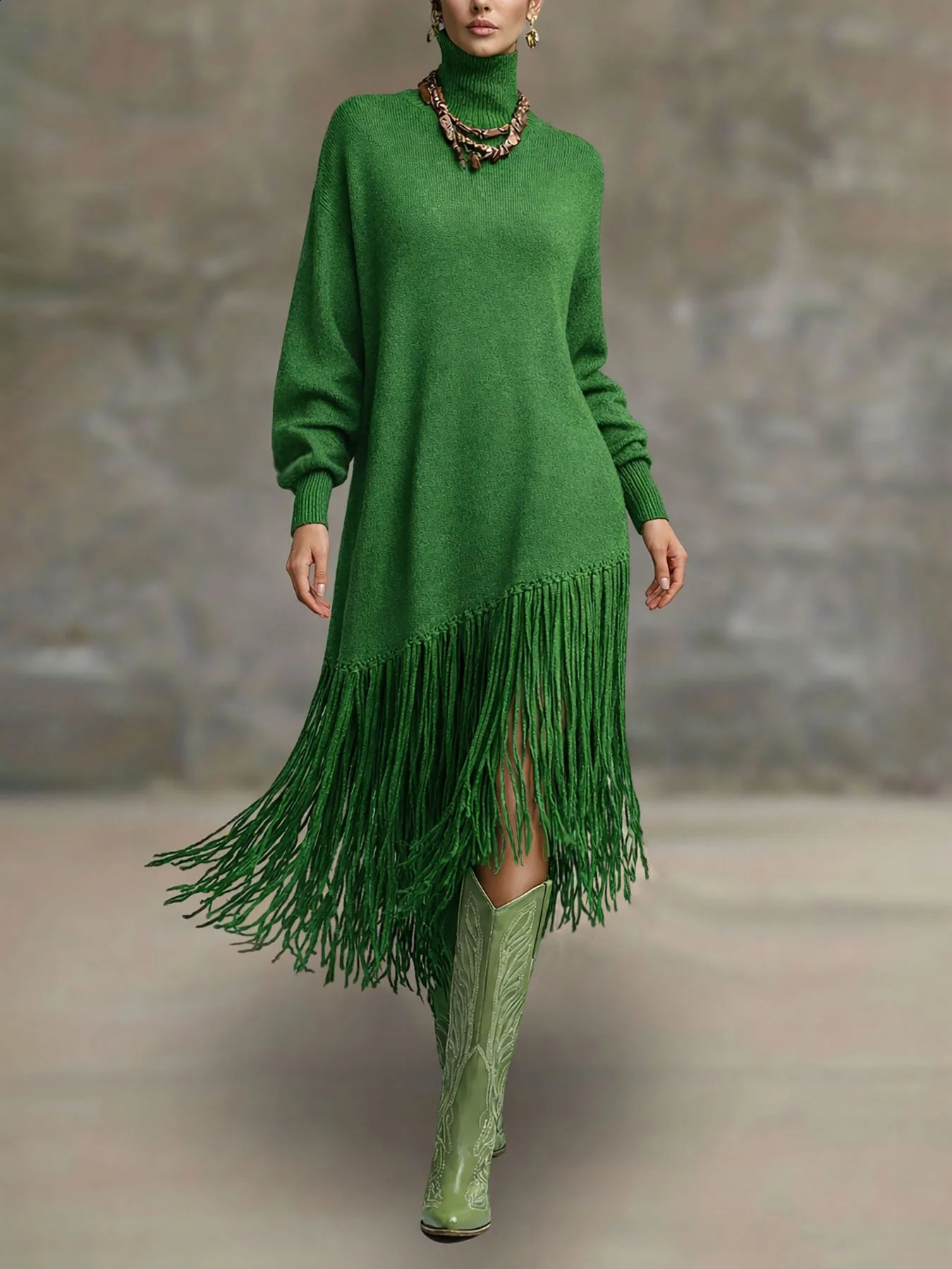 Womens Turtleneck Fringe Knit Maxi Dress Oversized Long Sleeve Sweater Casual Fall Winter Cozy Thick Knit Dress 260920