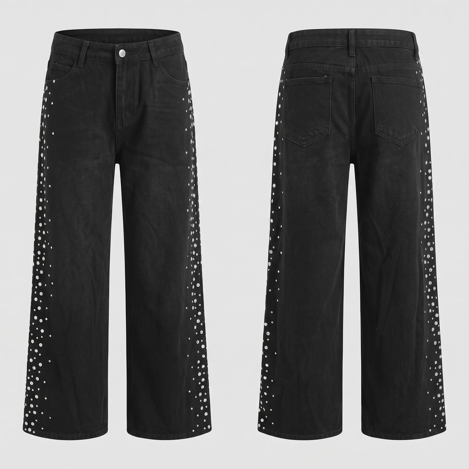 Jeans da donna neri a gamba larga a vita alta pantaloni in denim con borchie con rivetti argento streetwear pantaloni larghi da festa casual per don