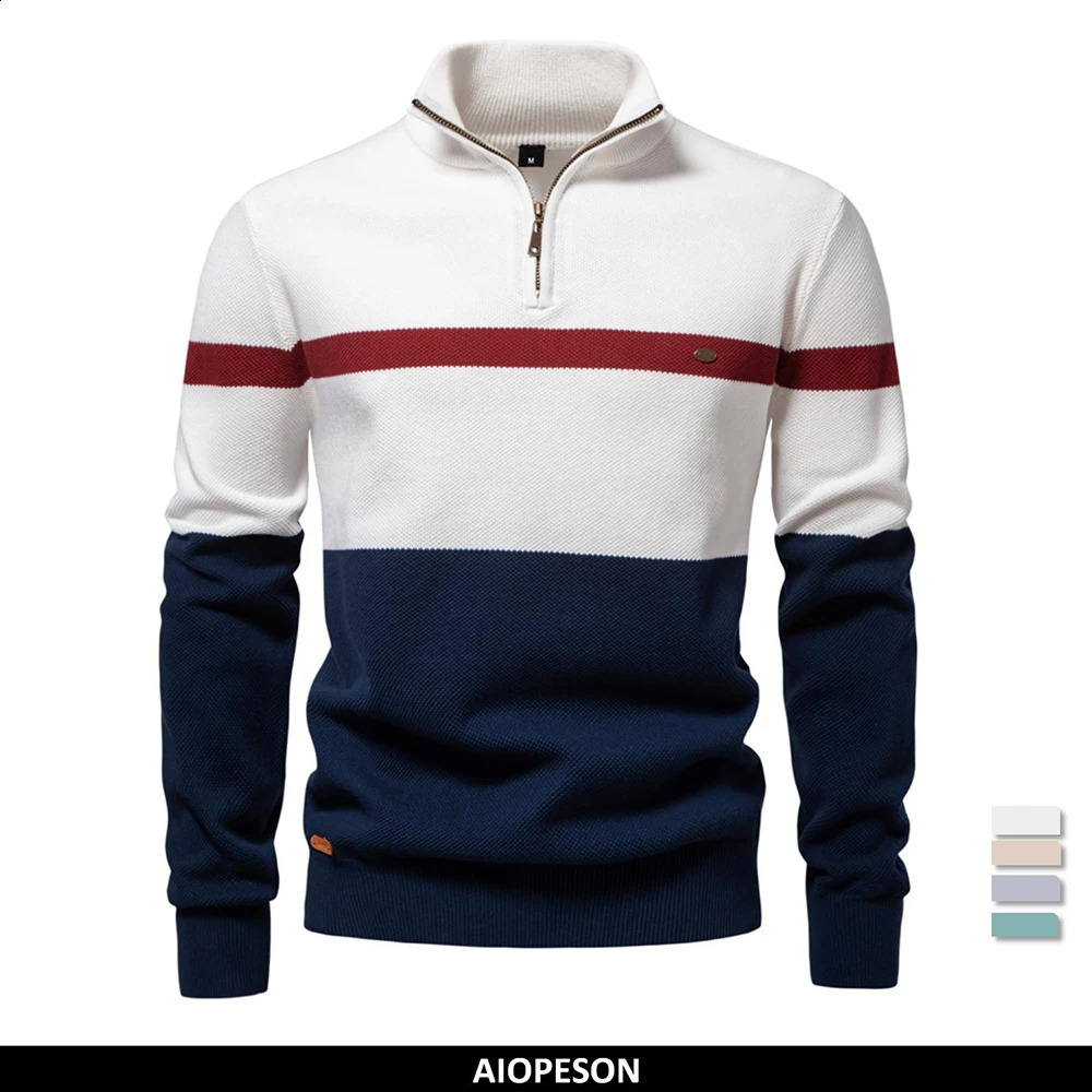 AIOPESON High Quality Cotton Sweater for Men Zipper Mock Neck Pullovers Autumn Winter Striped Warm Mens Polo 260918