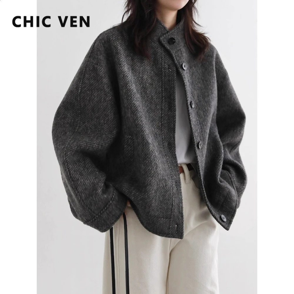 CHIC VEN Women Short Woolen Coat Stand Up Twill Texture Single Breasted Ladies Jacket Retro Woman Outwear Autumn Winter 260918