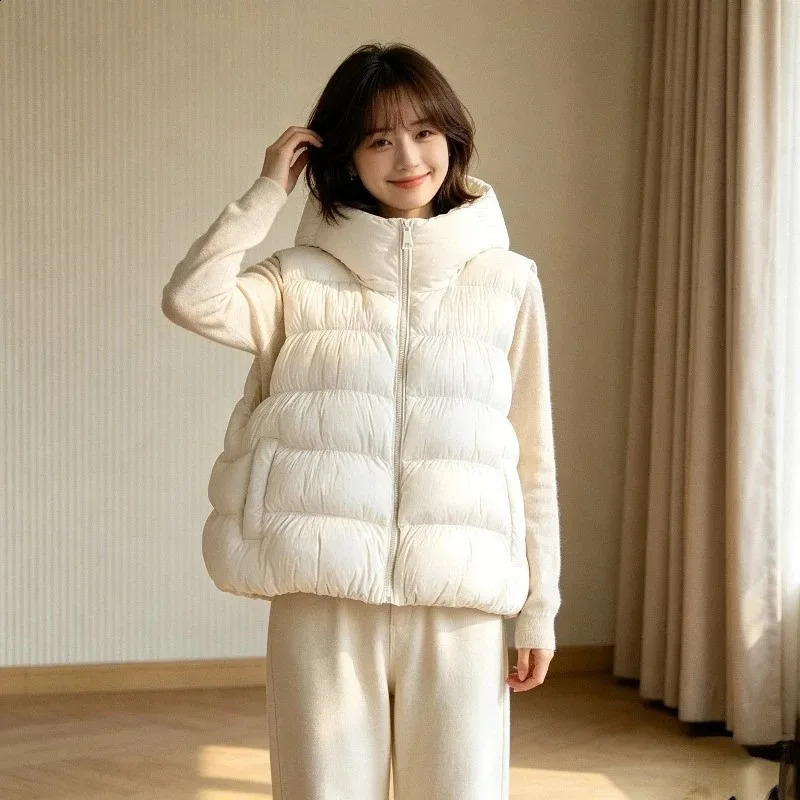Down Cotton Vest Jacket 2026 Versatile Short Sleeveless Hooded Women's Winter Parka Ladies Coat Loose Temperament Female 260911