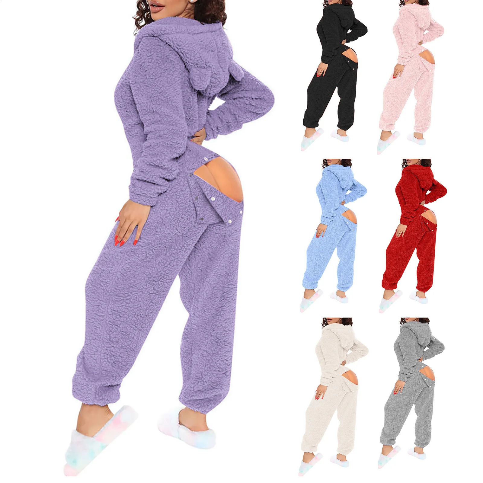 Sexy Onesies for Women Plush Hooded Bum Open Ass Flap Jumpsuit Thicken Pajamas Solid LongSleeve Zipper Sleepwear 260920