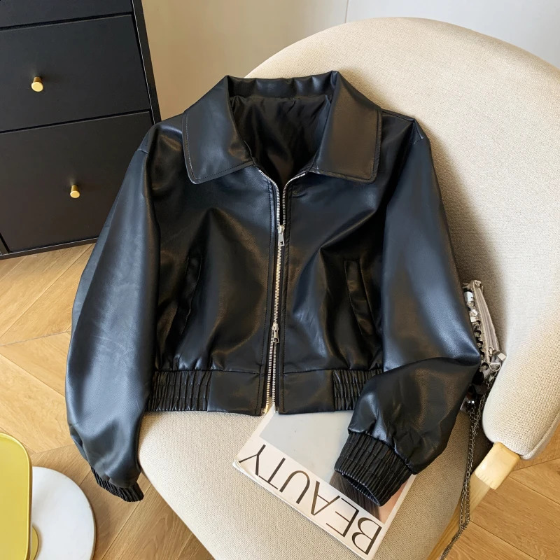 Korean Chic Vintage Faux Leather Streetwear Jacket Fashion Short Motorcycle Coat for Women Autumn Elegant Lapel Zipper Outerwear 260918