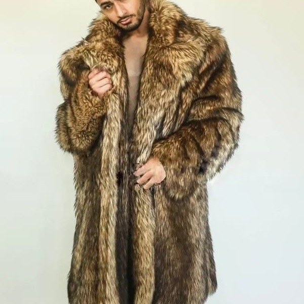 Fashion Black Men Fashion 2026 fox fur men's long loose coat with fluffy style Coat