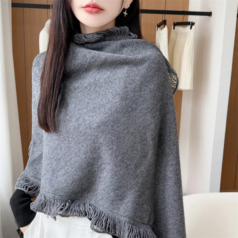 2026 autumn and winter highend 100% wool tassel knitted shawl womens versatile outerwear warm cashmere scarf top 260918
