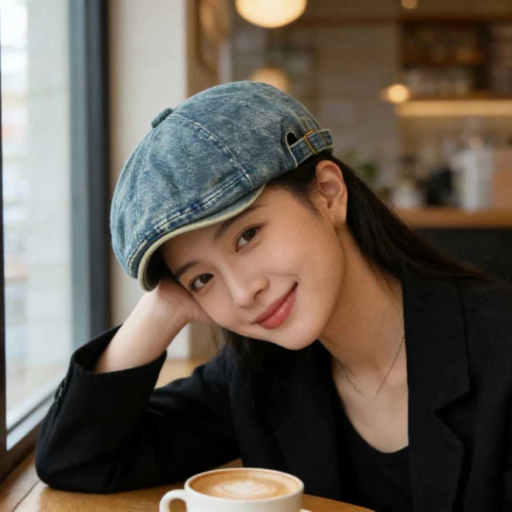 Women Berets HT5045 Mens Beret New Spring Autumn Denim Beret Hat 100% Cotton Adjustable Artist Flat Cap Male Female Octagonal Beret Cap N260919
