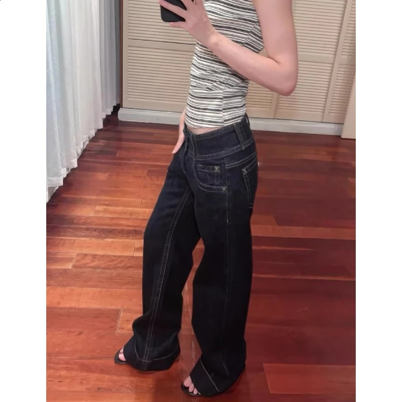 Jeans da donna blu americani con bottoni blu, vita bassa, gamba dritta, pantaloni lunghi larghi e drappeggiati, denim dimagrante stile Y2K 260920