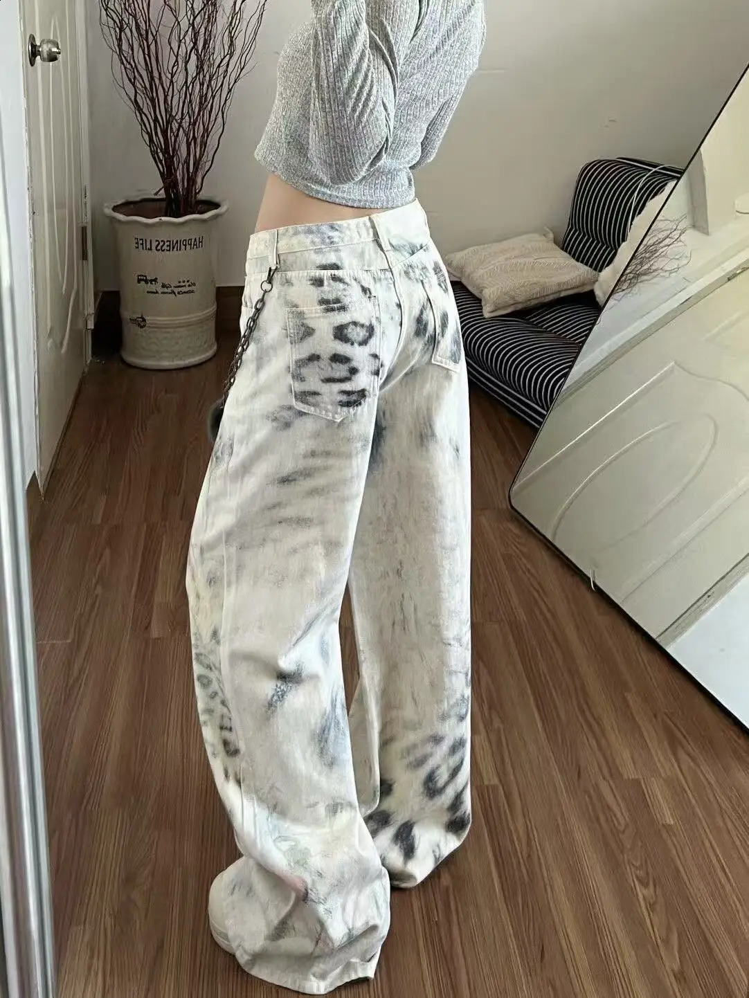 Jeans da donna a vita alta con stampa leopardata Pantaloni larghi lavati vintage a gamba larga Y2K Pantaloni casual larghi da donna 260920