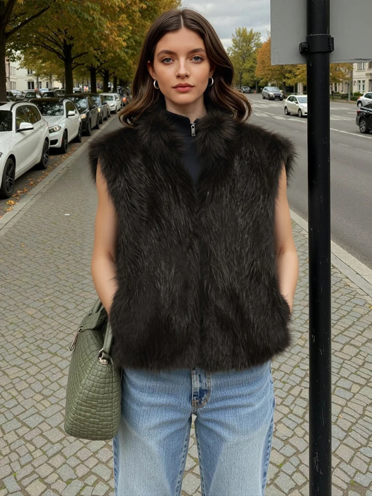 HH 2025 Elegant Women Sleeveless Faux Fur Effect Warm Waistcoat High Collar Zipper Vest Autumn Winter Office Lady Outerwear 260828