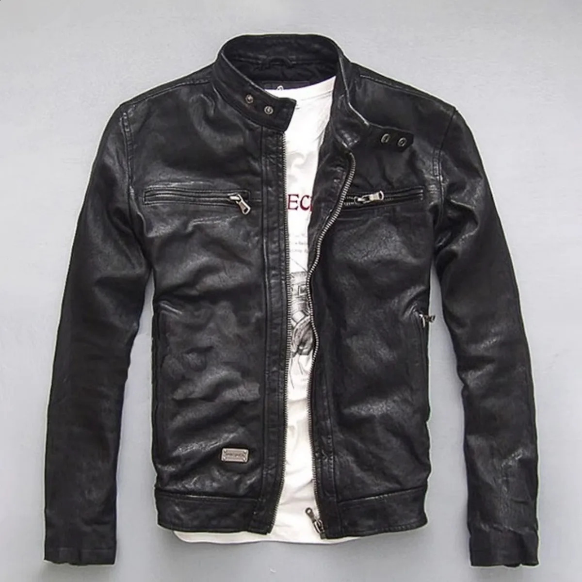 Leather Jacket Top Layer 100% Sheepskin Leather Clothes Men's Stand Collar Motorcycle Clothes Autumn Winter Plus Size 260920