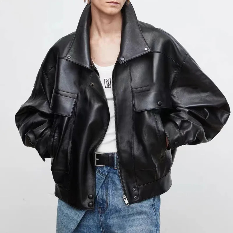 Womens Fashion Genuine Sheepskin Leather Jacket American Vintage Loose Silhouette Casual Short for Women 260920