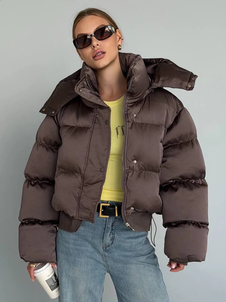 Women's Cropped Puffy Jacket Detachable Hood Drawstring Waist Drop Shoulder Long Sleeve Loose Padded Winter Down Fashion Jackets 260918