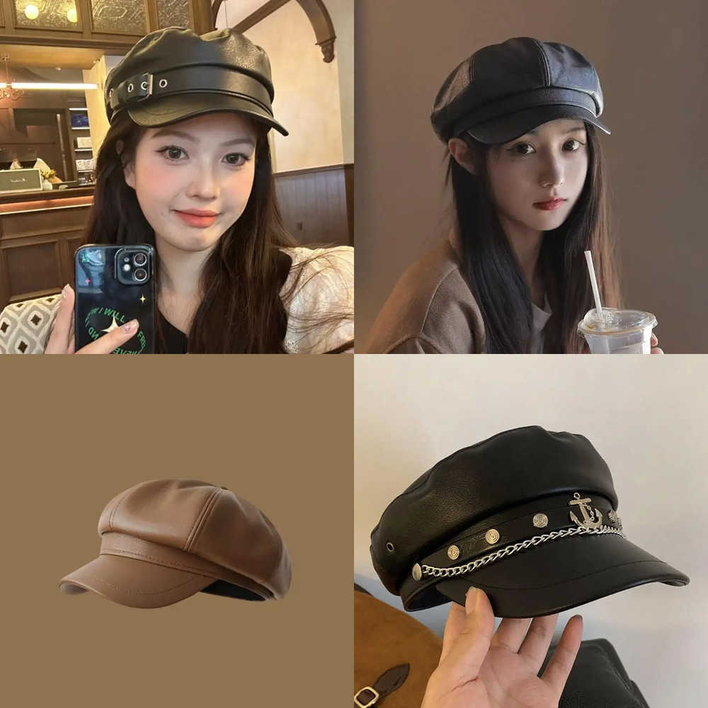 Beret Berets Vintage Black Leather Harajuku Y2K Gothic Lolita Style Dark Face Revealing Flat Top Newsboy Cap with Rivets for Girls Suns J260919