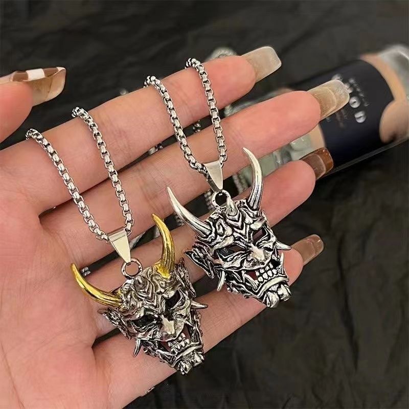Golden Horn Prajna Ghost Mask Necklace Unisex Personality Cool Hip-Hop Pendant Niche Design Sense Ancient Style Choker