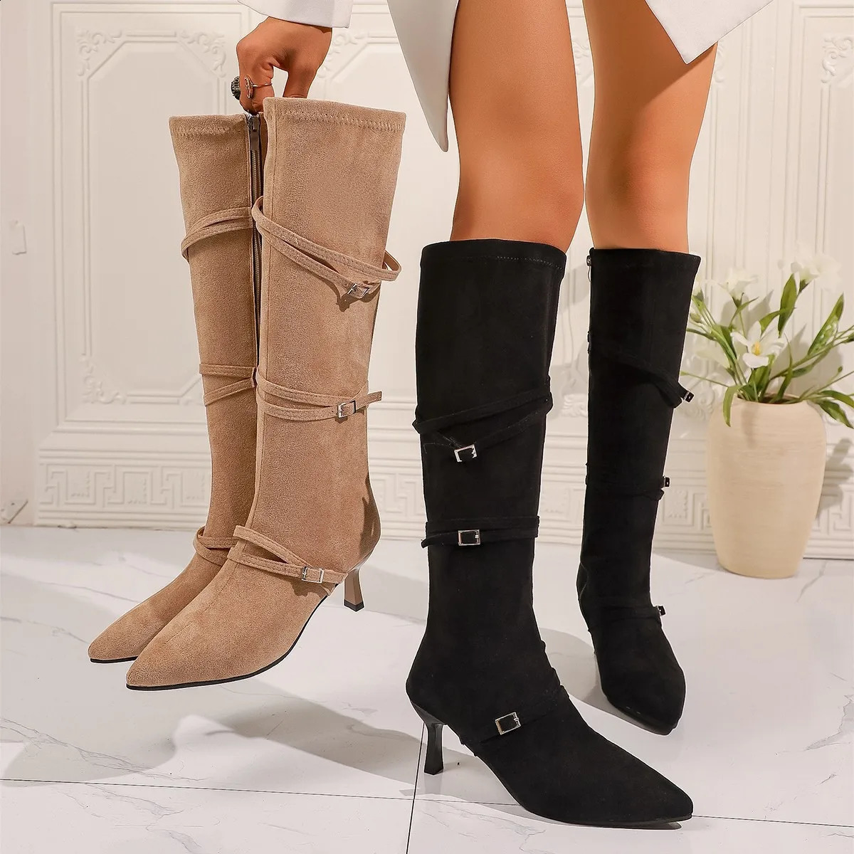 Fashion Long Boots Slim Tall Boots Women Autumn Winter Thin Strap Pointed Toe Suede Stiletto Heel Knee High Boots 260918