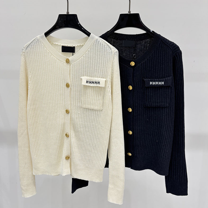 Elegant Women Thin Knit Cardigan Designer Crew Neck Long Sleeve Cropped Striped Metal Button Sweater Autumn Dinner Banquet Wedding Knit Top
