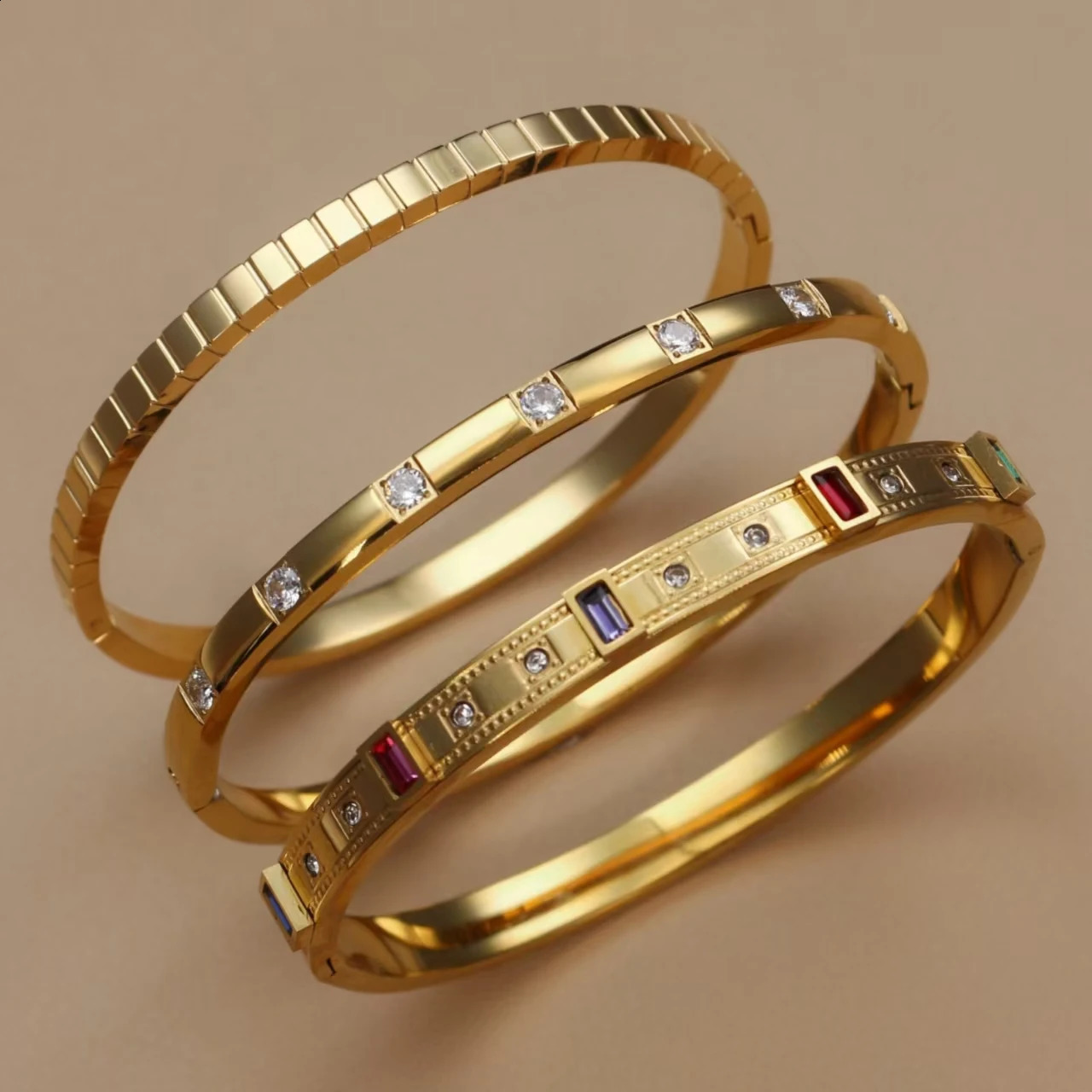 C8 Inlay Square Small Coloured Zircon Stainless Steel Gold Color Stacking Bracelet Cubic Zircon n Women's Jewellery Bangle 260920