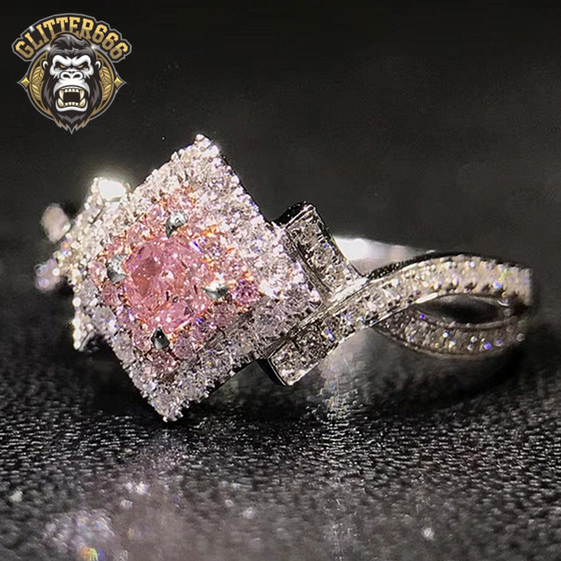 Luxury Fashion Women Engagement and Wedding Diamond pink Ring Sterling Silver 925 with Gold Jewelry Moissanite Diamond Ring
