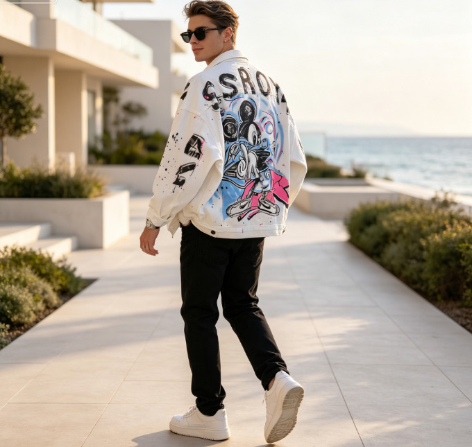 Luxury Men' Designer Jacket Denim Top Artist Graffiti Hip-hop Retro Patch Style Fashionable Casual High-end Texture Counter Quality Trendy Mens