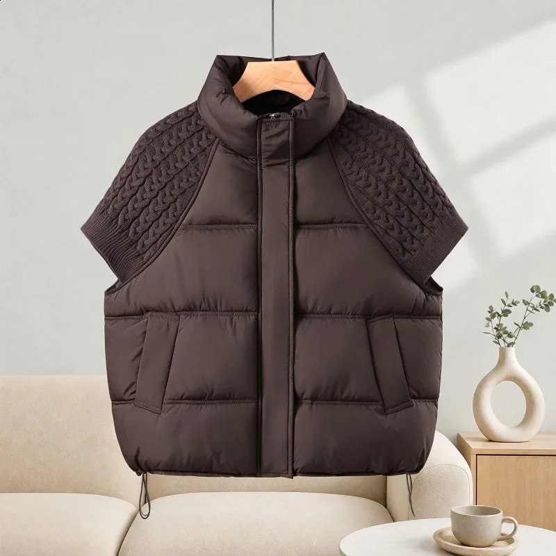 Fashion Knitted Stitching Stand-up Collar Cotton Vest Women Autumn Winter Short Warm Loose Sleeveless Ladies Waistcoat Coat 260918