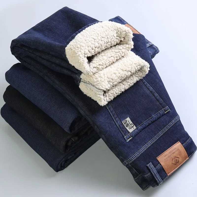 Men's Jeans Winter New Fashion Trend Solid Color Plus Plush Thick Warm Jeans For Men's Casual Loose Sports Straight Leg Elastic Jeans 28-4