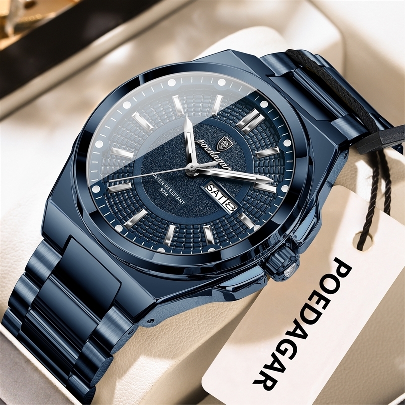POEDAGAR Sport Original Men Clock Quartz Date Week y Man Wristwatch Waterproof Luminous Stainless Steel Mens Watches Reloj 260909