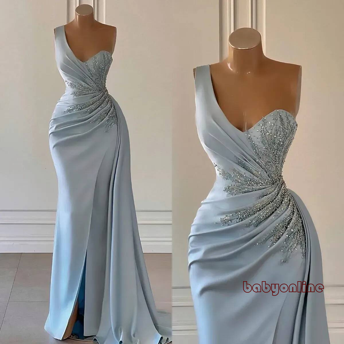 Stunning sky blue Mermaid evening elegant pleats beads waist promdress Long dresses for special occasions split sweep train robe de soiree