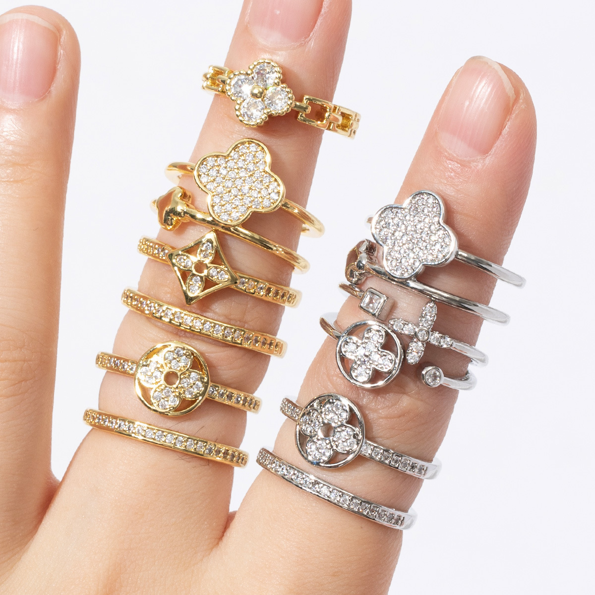 Trendy European And American Style Copper Inlaid Zircon Four-Leaf Clover For Women, Light Luxury High-End Adjustable Open Flower Ring