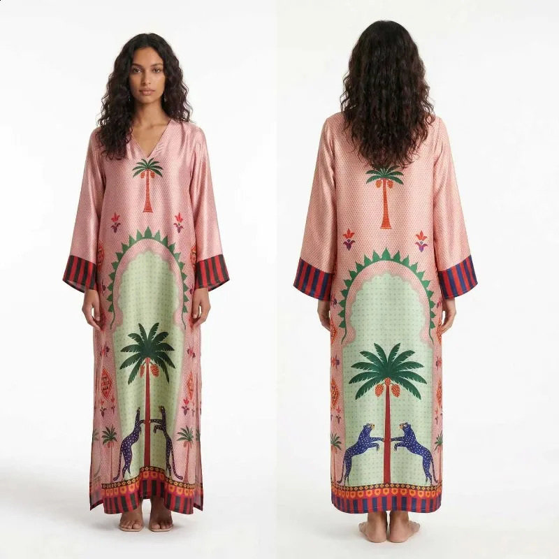 Fashion Womens Light Pink Tropical Jungle Print V Neck Flare Sleeve Loose Maxi Dress Summer Boho Vacation Beach Long Dresses 260920