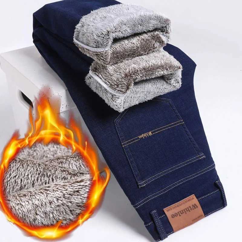 Men's Jeans Winter New Fashionable Solid Color With Thick Fleece and Warm Straight Leg Jeans For Men's Casual Loose Sports High-end Jeans