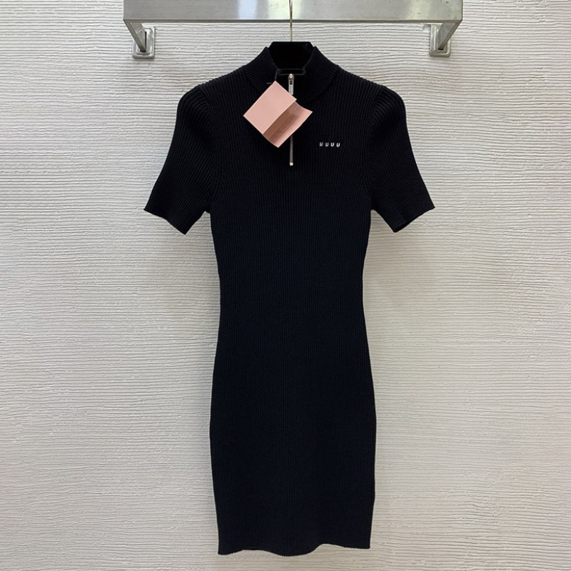 Brand Black Ribbed Knit Dress Women Half Zip Stand Collar Short Sleeve Dress Designer Letter Knitted Bodycon Dresses