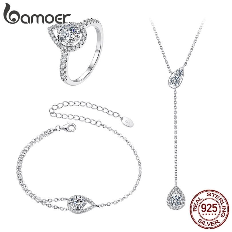 1CT Necklace Rings 925 Sterling Silver Pear Cut Waterdrop Bracelet for Women Wedding Jewelry Set 260909