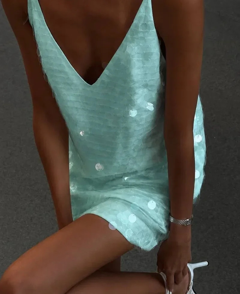 2026 Women White Sequins Mini Dress Sexy Deep Vneck Spaghetti Strap Loose Vestido Fashion Summer Club Party Evening Dresses 260920