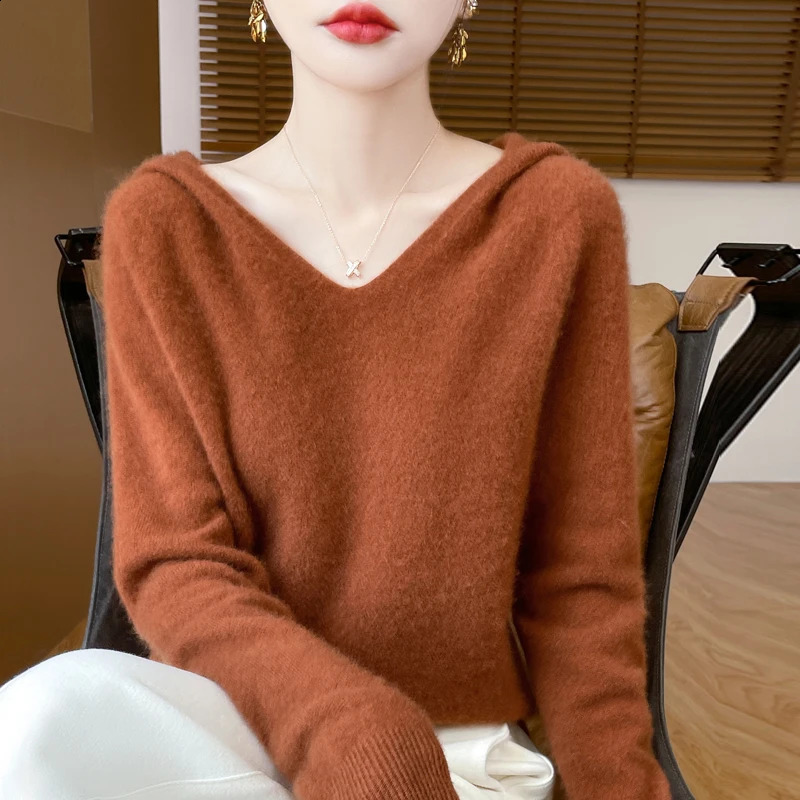Women Autumn Winter Clothing Hooded Collar Pullover 100 Merino Wool Sweater Fashion Cashmere Tops Bottoming Knitwear Soft 260828