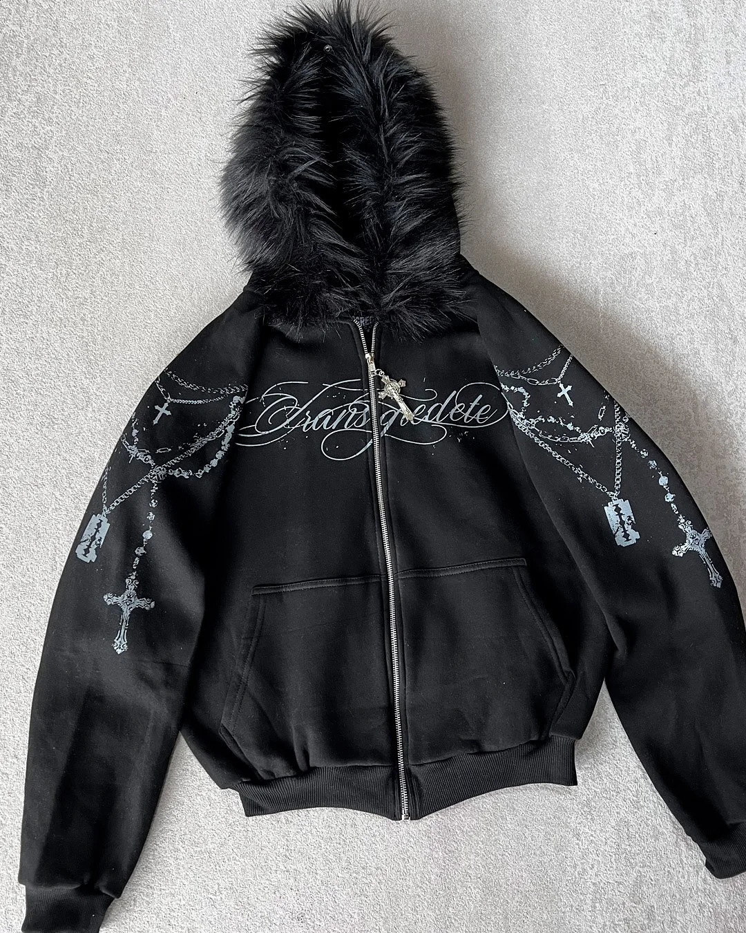 American Retro Rock Gothic Graphic Fur Collar Loose Zipper Sweatshirt Men's Y2K Harajuku Punk Casual Joker Hoodie Streetwear 260920